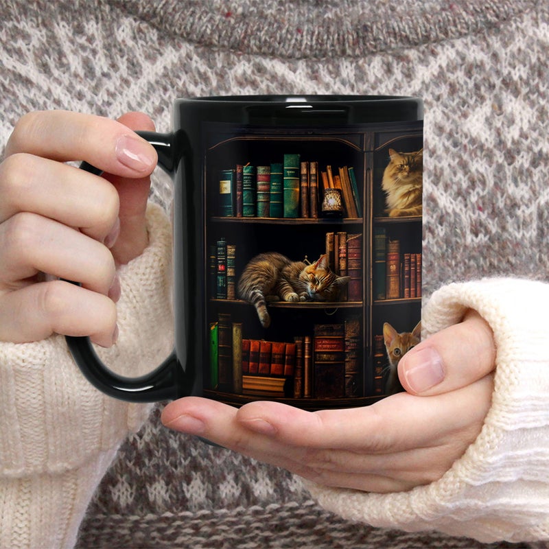 2IMT Cat Book Mug Book Lovers Gifts for Readers - Book Lover Bookish Gifts for Bookworm Women - Library Bookshelf Mug - Best Gift for Cat Lover - Reading Writer Women Black Coffee Cup 15oz - Image 4
