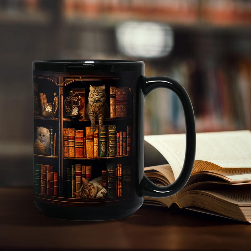2IMT Cat Book Mug Book Lovers Gifts for Readers - Book Lover Bookish Gifts for Bookworm Women - Library Bookshelf Mug - Best Gift for Cat Lover - Reading Writer Women Black Coffee Cup 15oz - Image 5