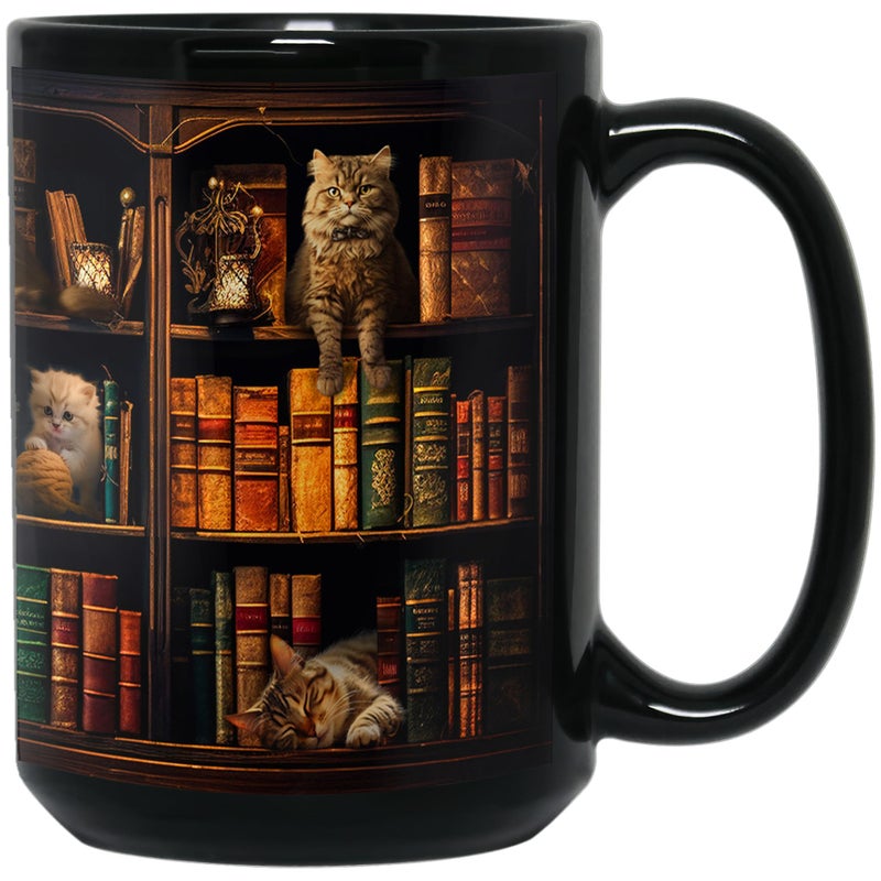 2IMT Cat Book Mug Book Lovers Gifts for Readers - Book Lover Bookish Gifts for Bookworm Women - Library Bookshelf Mug - Best Gift for Cat Lover - Reading Writer Women Black Coffee Cup 15oz - Image 1