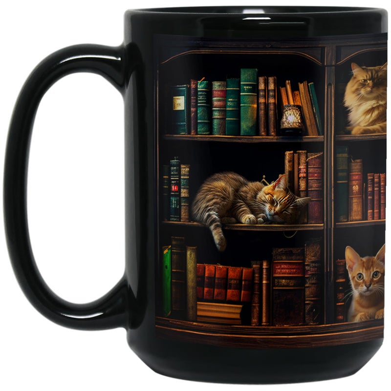 2IMT Cat Book Mug Book Lovers Gifts for Readers - Book Lover Bookish Gifts for Bookworm Women - Library Bookshelf Mug - Best Gift for Cat Lover - Reading Writer Women Black Coffee Cup 15oz - Image 3