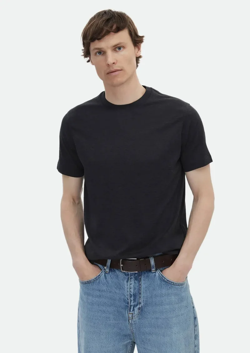 Ramsey Hard Coal Plain Crew Neck Silk Blended T-Shirt