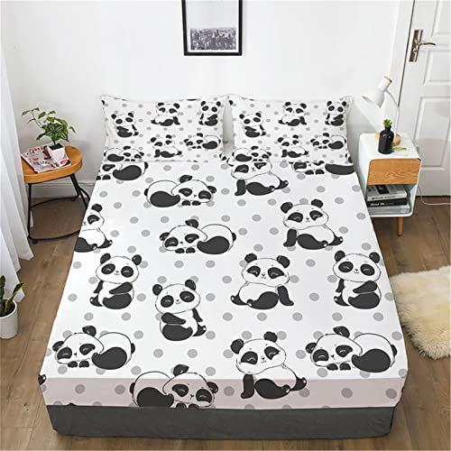 URLINENS Cute Panda Fitted Sheet and Pillowcase Set Full Size, Polka Dot Lovely Panda Sheet Set for Kids Boys Girls Teens, Soft Microfiber Cartoon Animal Fun Bedding Decor 3 Piece Kids Bed Sheet - Image 2
