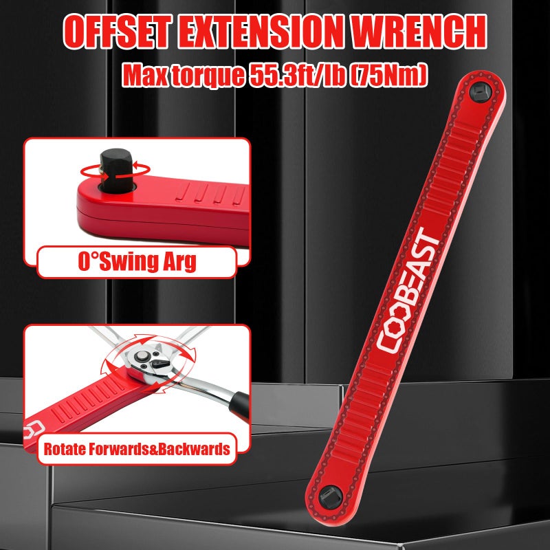 coobeast Red Offset Extension Wrench Impact Ready Socket Wrench Extender Tool with Versatile 1/4", 3/8", and 1/2" Square Drive Adapters, Universal Extensions Wrench for Small Place - Image 4