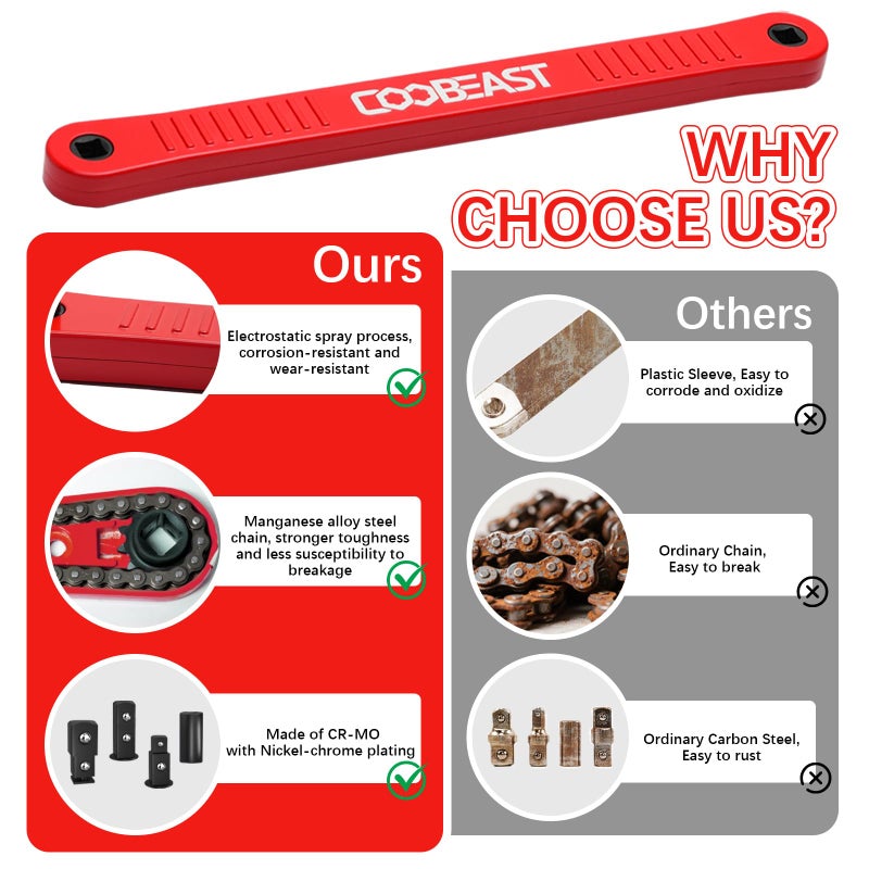 coobeast Red Offset Extension Wrench Impact Ready Socket Wrench Extender Tool with Versatile 1/4", 3/8", and 1/2" Square Drive Adapters, Universal Extensions Wrench for Small Place - Image 5