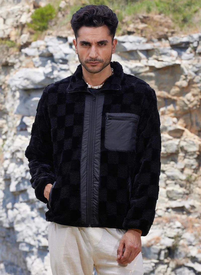 Campus Sutra Men's Carbon Black Fleece Buffalo Check Puffer Jacket