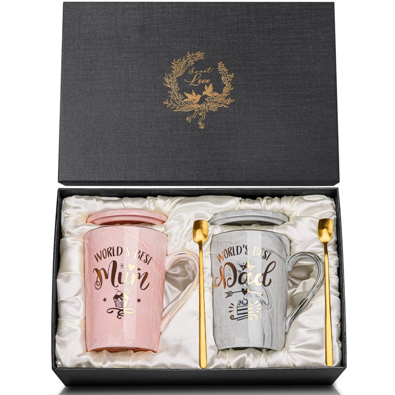Doublewhale New Parents Gifts Mum and Dad Mugs New Mummy and Daddy Gifts Anniversary Birthday Gift from Daughter Son 14OZ Gold Print Ceramic Coffee Cup Set with Spoon Lid Card Nice Gift Box