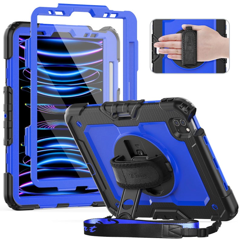 Timecity Case for iPad Pro 11 inch 4th Generation Case 2022, Shockproof Case with Screen Protector &Pencil Holder+Rotating Stand+Handle for iPad Pro 11 2021/2020/2018 (3rd, 2nd, 1st Gen) - Dark Blue - Image 1