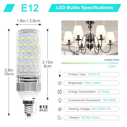 LEDLightsWorld Super Bright E12 LED Corn Bulbs, 16W 1500LM Bulbs, Daylight White 6000K Lights, CRI80+, 120W Incandescent Bulb Equivalent, E12 Base Non-Dimmable LED Lamp, 8 Pack - Image 2