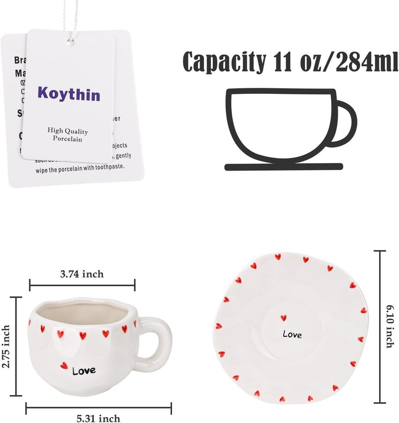 Koythin Ceramic Coffee Mug with Saucer Set, Cute Creative Love Heart Cup Unique Irregular Design for Office and Home, 10 oz/300 ml for Latte Tea Milk - Image 2