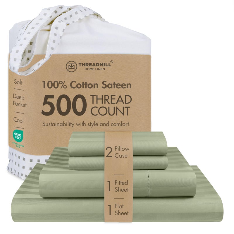 Threadmill 500 Thread Count Queen Size Damask Stripe, 4 Pc Luxury Cotton Bedding Set, Silky Smooth Sage Green Sheets with 16" Elasticized Deep Pocket, 2 Pillowcases & Free Tote Bag - Image 1