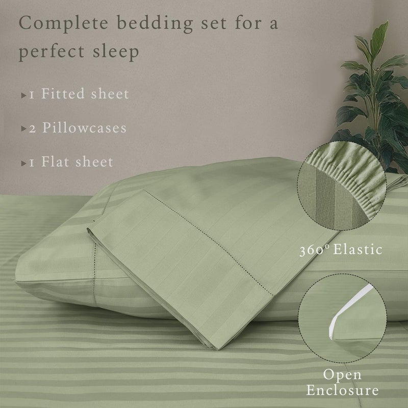Threadmill 500 Thread Count Queen Size Damask Stripe, 4 Pc Luxury Cotton Bedding Set, Silky Smooth Sage Green Sheets with 16" Elasticized Deep Pocket, 2 Pillowcases & Free Tote Bag - Image 3