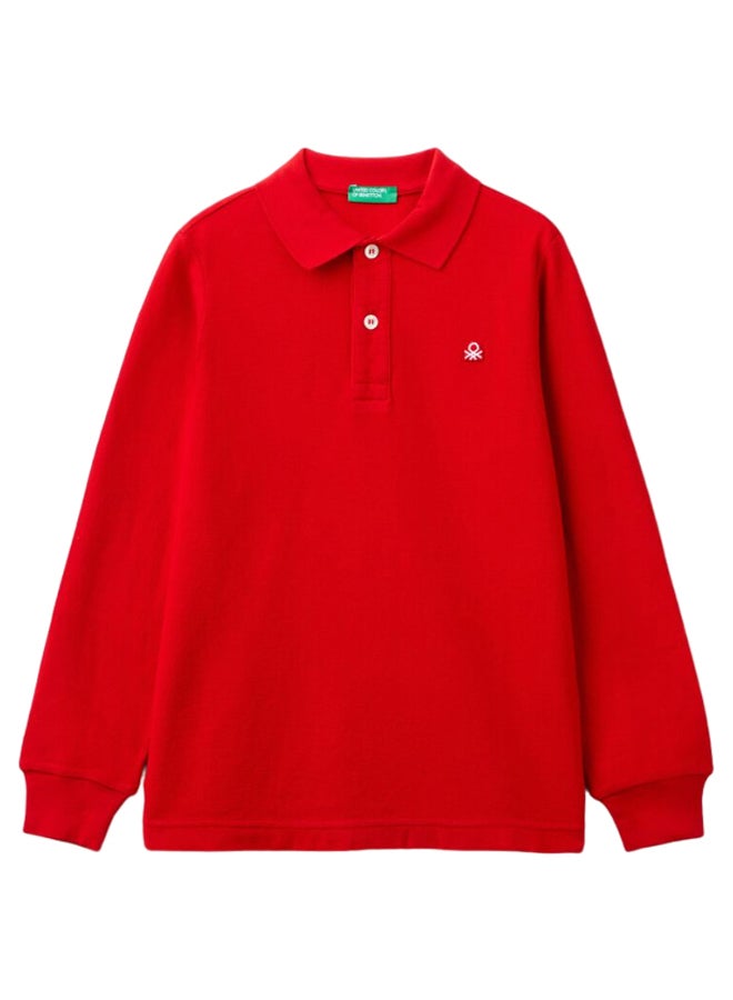 Benetton Boys Slim Fit Long Sleeve Polo Shirt - Image 1