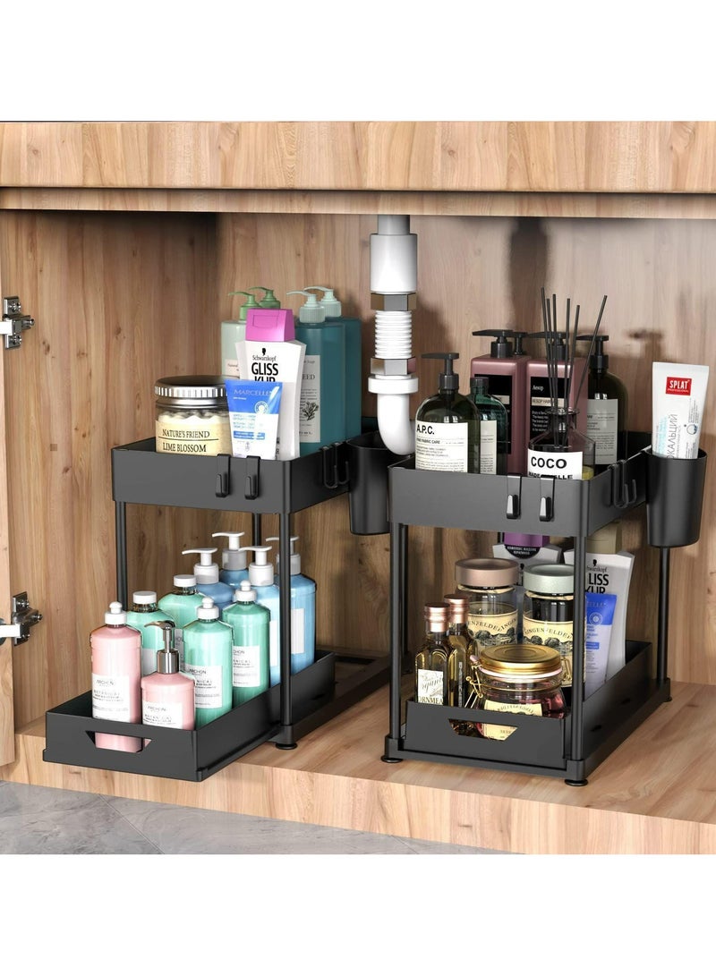 Magic Park 2 Pack Black 2-Tier Under Sink Organizer Sliding Bathroom Cabinet Organizer with Hooks Under The Sink Organizer Kitchen  - Image 3