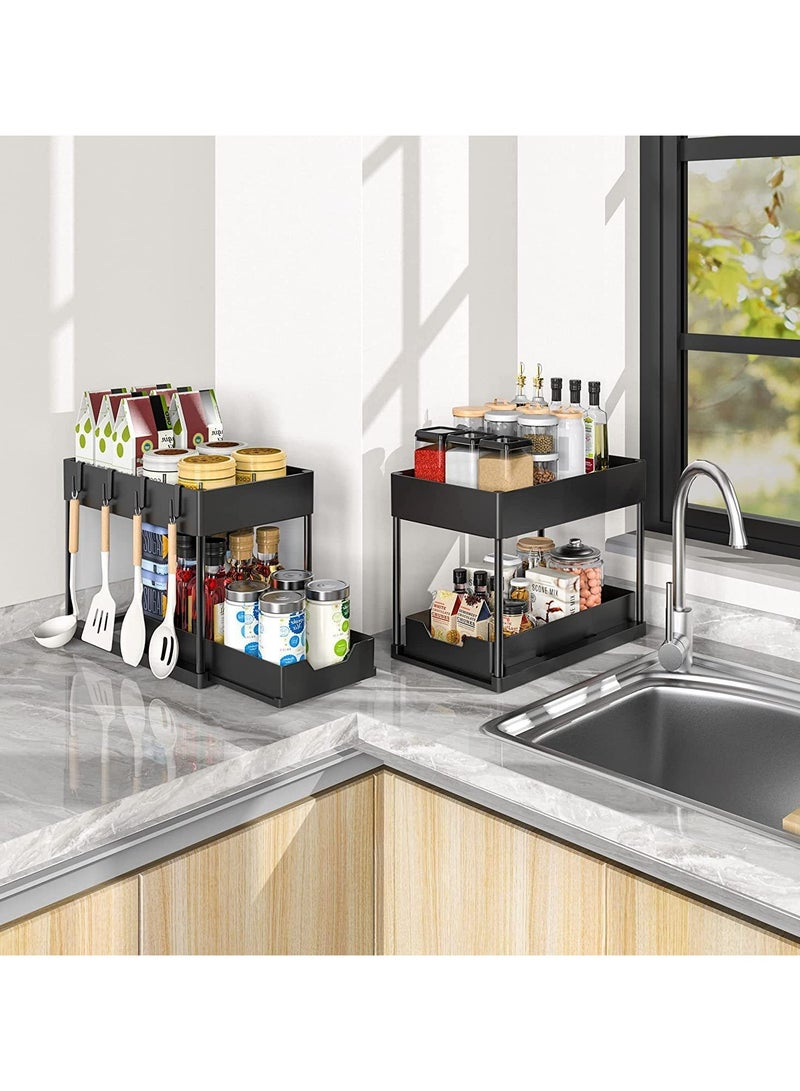 Magic Park 2 Pack Black 2-Tier Under Sink Organizer Sliding Bathroom Cabinet Organizer with Hooks Under The Sink Organizer Kitchen  - Image 5