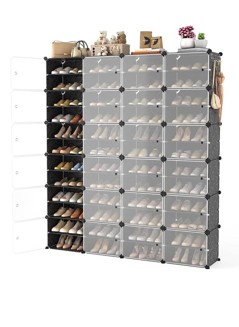 Portable Shoe Rack Organizer with Door, 96 Pairs Shoe Storage Cabinet Easy Assembly, Plastic Adjustable Shoe Storage Organizer Stackable Detachable Free Standing Shoe Rack Black