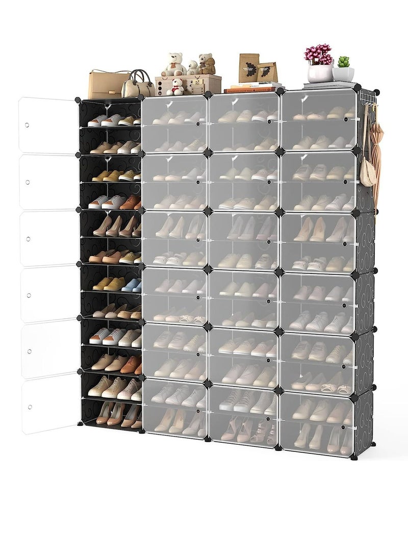Portable Shoe Rack Organizer with Door, 96 Pairs Shoe Storage Cabinet Easy Assembly, Plastic Adjustable Shoe Storage Organizer Stackable Detachable Free Standing Shoe Rack Black