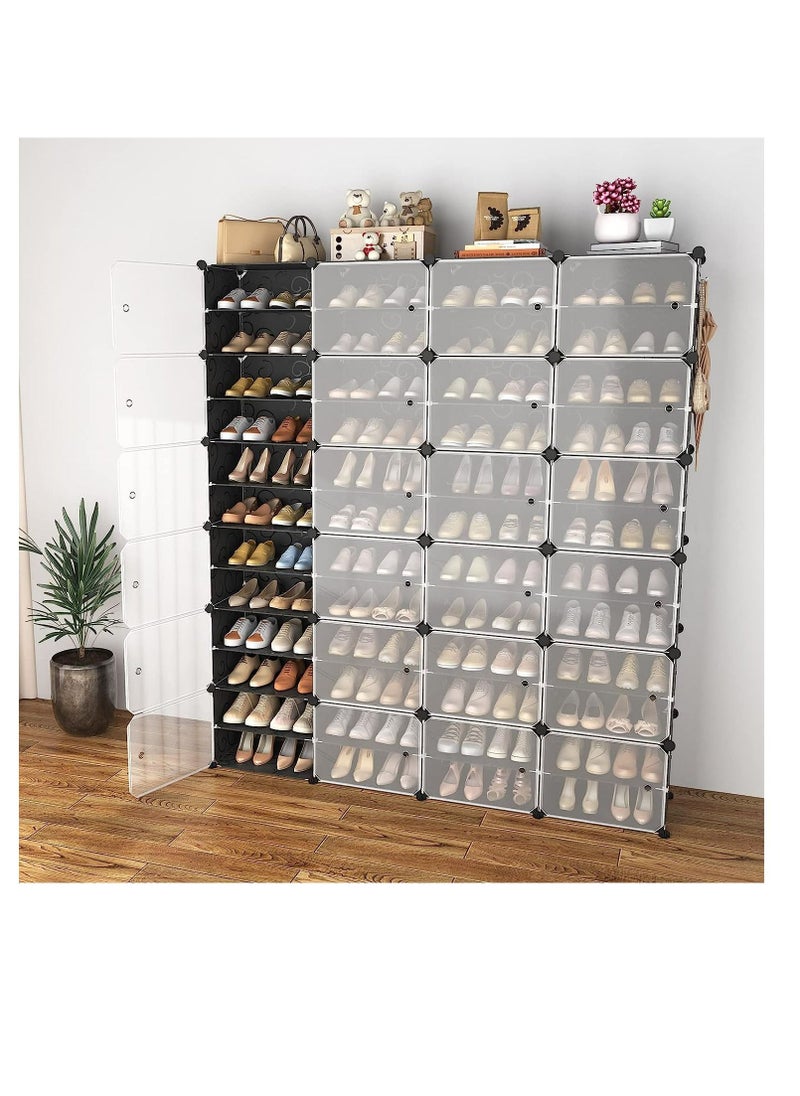 Portable Shoe Rack Organizer with Door, 96 Pairs Shoe Storage Cabinet Easy Assembly, Plastic Adjustable Shoe Storage Organizer Stackable Detachable Free Standing Shoe Rack Black