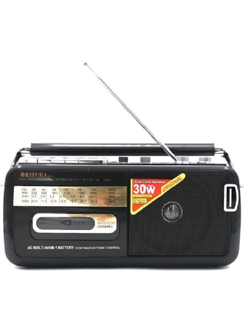 REFURA Radio Cassette Recorder 30W Black | Supports USB / FM / SW1 / SW2-4 Band / Earphone Jack M-50 - Image 1