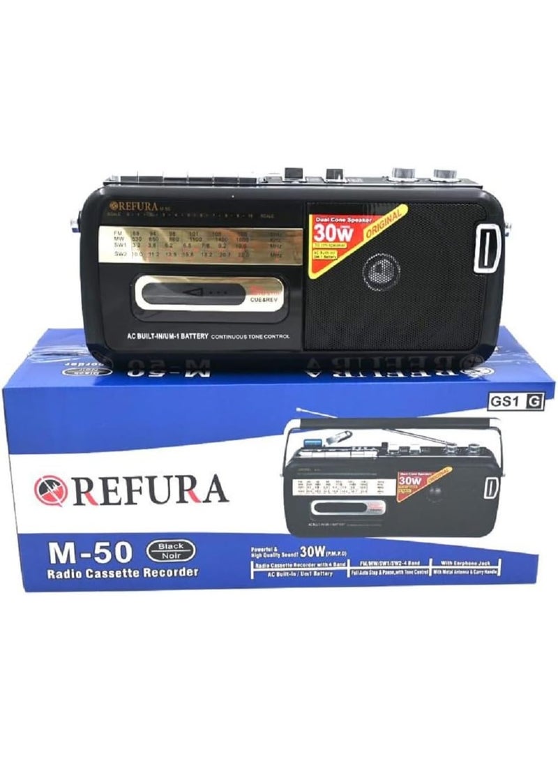 REFURA Radio Cassette Recorder 30W Black | Supports USB / FM / SW1 / SW2-4 Band / Earphone Jack M-50 - Image 5