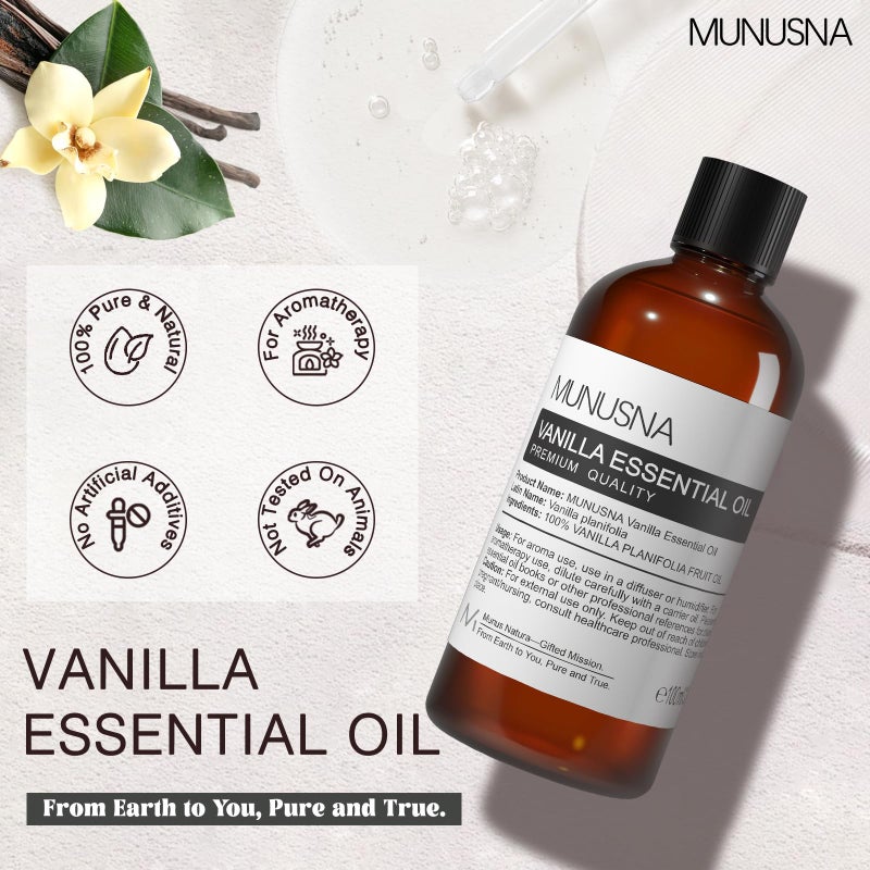 MUNUSNA Vanilla Essential Oil, 100% Natural and Pure Vanilla Oil for Skin Care, 100ML Premium Grade Essential Oils Aromatherapy Scented Oils for Diffuser, Humidifier, Home, Candle Soap Making - Image 2