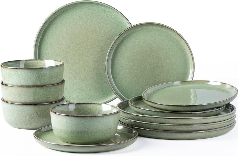 GBHOME Ceramic Dinnerware Sets for 4 12 Pieces Stoneware Plates and Bowls Sets Scratch Resistant Dishes Dishwasher  Microwave SafePastel Green - Image 1