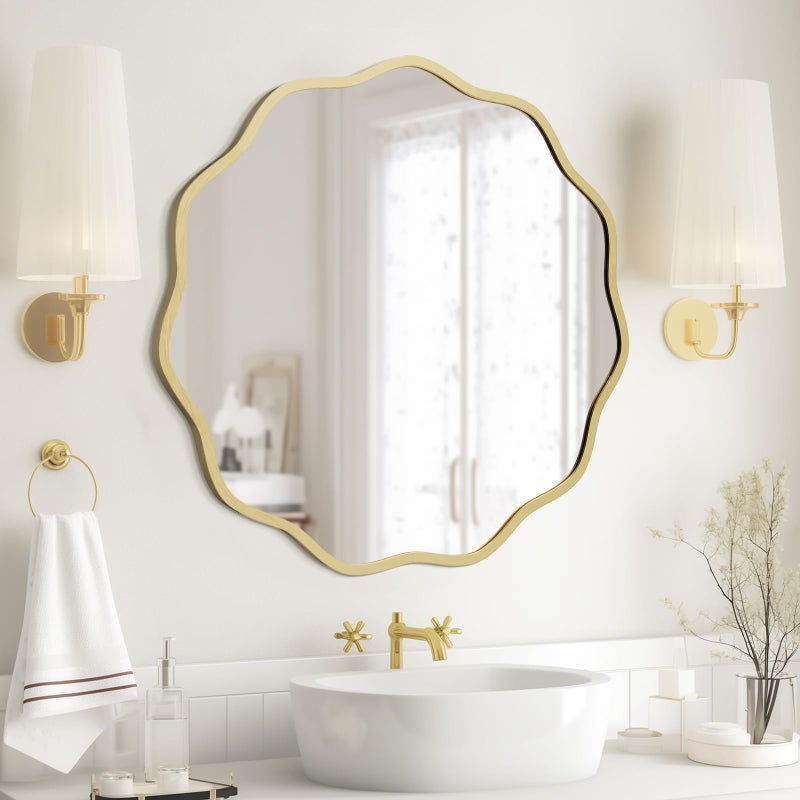 WallBeyond Round Wavy Mirror for Wall Decorative 24 inch, Modern Round Mirror Aluminum Frame for Bathroom Bedroom Living Room Home House Office Entryway, Gold - Image 1