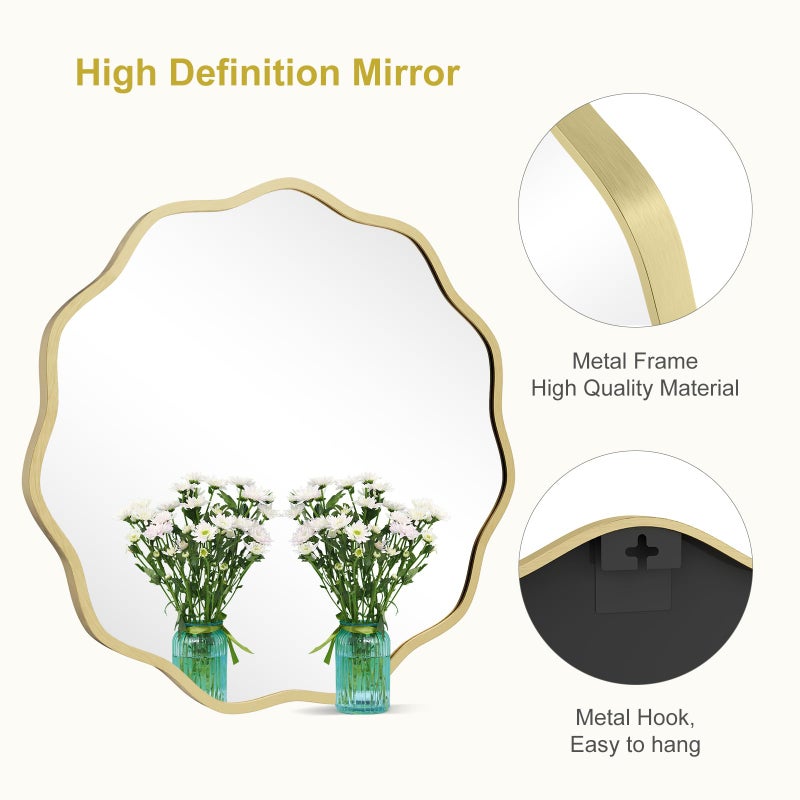 WallBeyond Round Wavy Mirror for Wall Decorative 24 inch, Modern Round Mirror Aluminum Frame for Bathroom Bedroom Living Room Home House Office Entryway, Gold - Image 5