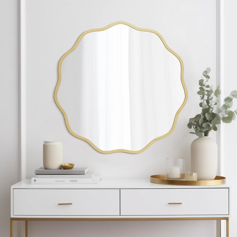 WallBeyond Round Wavy Mirror for Wall Decorative 24 inch, Modern Round Mirror Aluminum Frame for Bathroom Bedroom Living Room Home House Office Entryway, Gold - Image 3