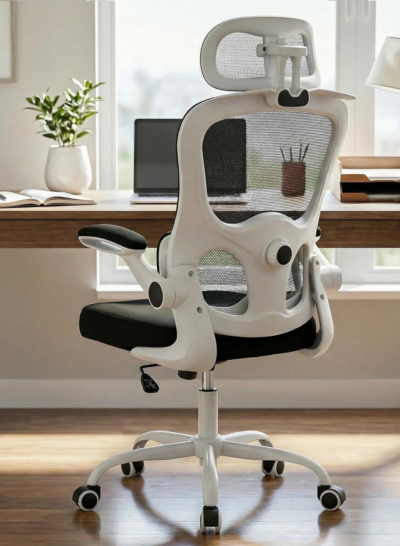 Premium Ergonomic Office Chair for Work from Home, 3D Headrest, High Back Computer Chair with Mesh, Flip-up Armrest, Recline, Adjustable Lumbar Support, Mesh Chair for Office White Black