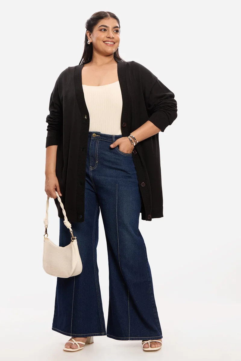 فيرجيو Solid Cotton Button Down Plus Size Cardigan for Women