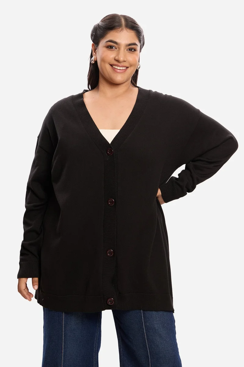 فيرجيو Solid Cotton Button Down Plus Size Cardigan for Women