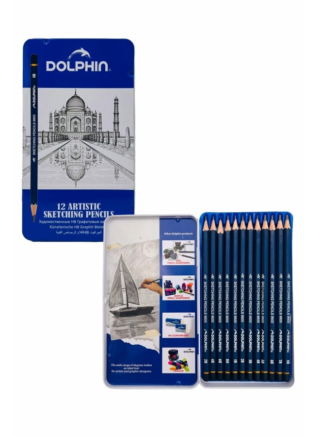 Dolphin Artistic Sketching Pencil Set – Mixed Graphite Grades, Smooth Shading & Drawing Pencils in Metal Tin for Art & Illustration - Image 1