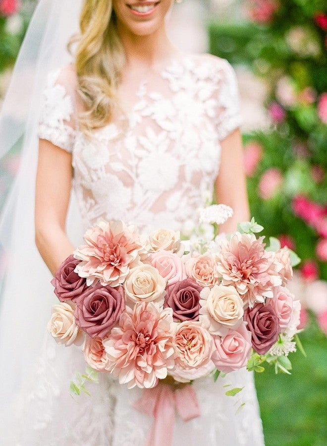 FACINOC Pink Roses Artificial Flowers Fake Flower Bulk for DIY Wedding Bouquet Bridal Baby Shower Centerpiece Table Decorations Silk Faux Floral Arrangements for Party Home Decor Indoor Dusty Blush - Image 2