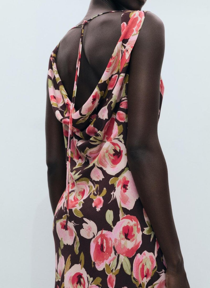 MANGO Floral Draped Neck Dress  - Image 4