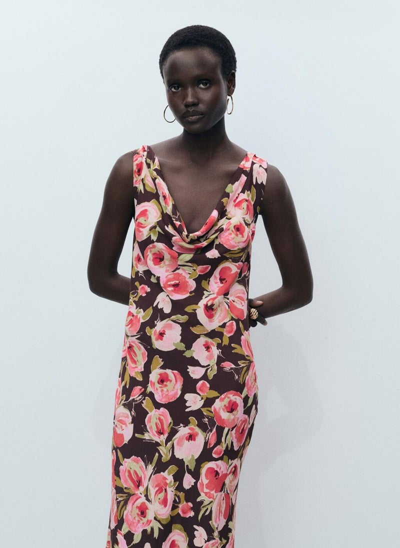 MANGO Floral Draped Neck Dress  - Image 5