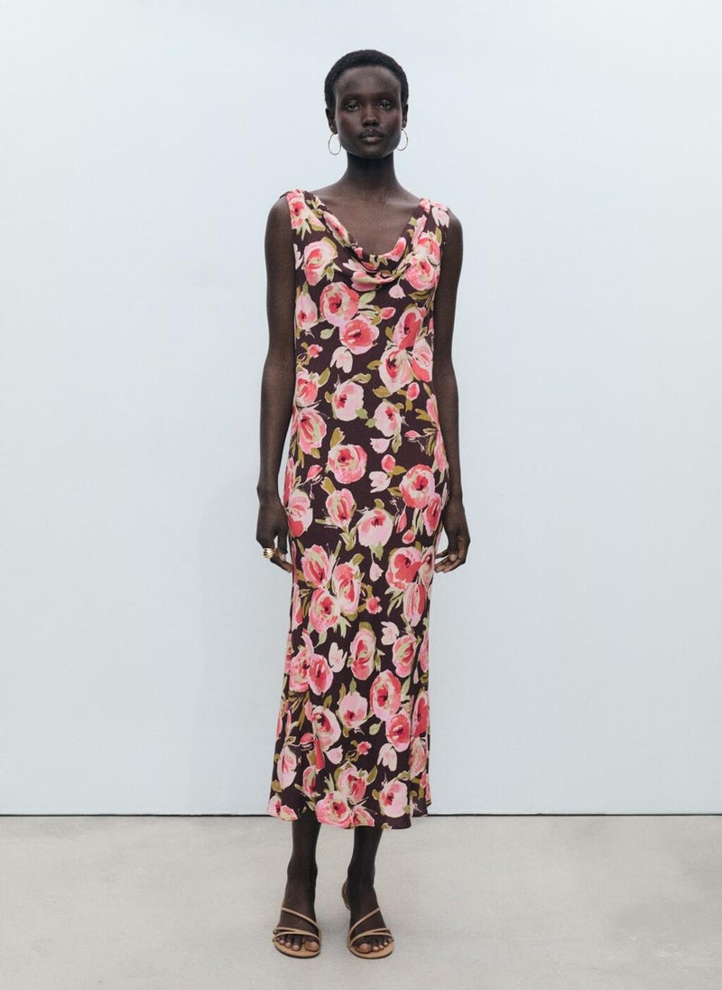 MANGO Floral Draped Neck Dress  - Image 1