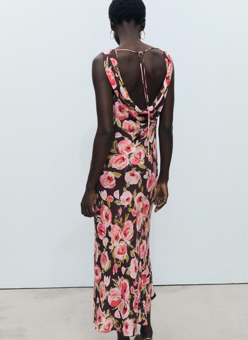 MANGO Floral Draped Neck Dress  - Image 2