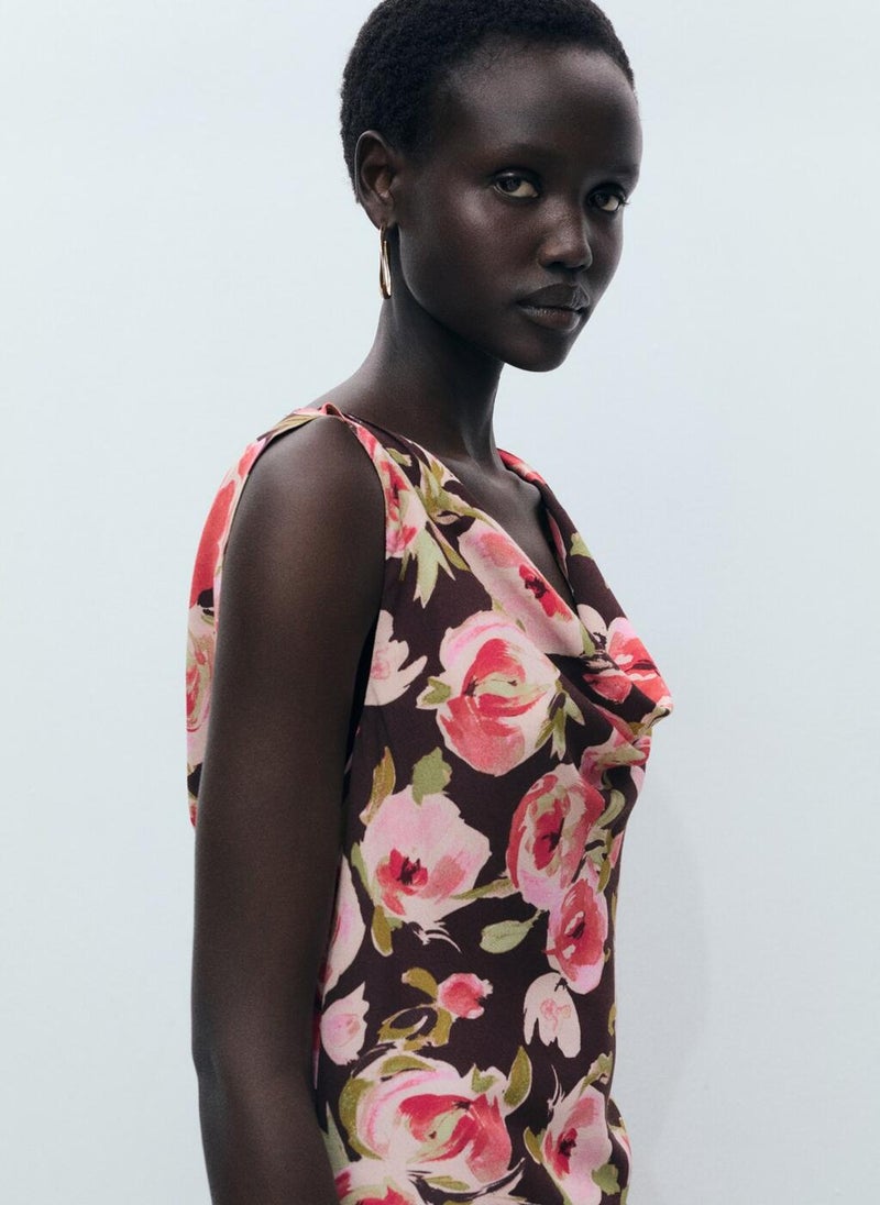 MANGO Floral Draped Neck Dress  - Image 3