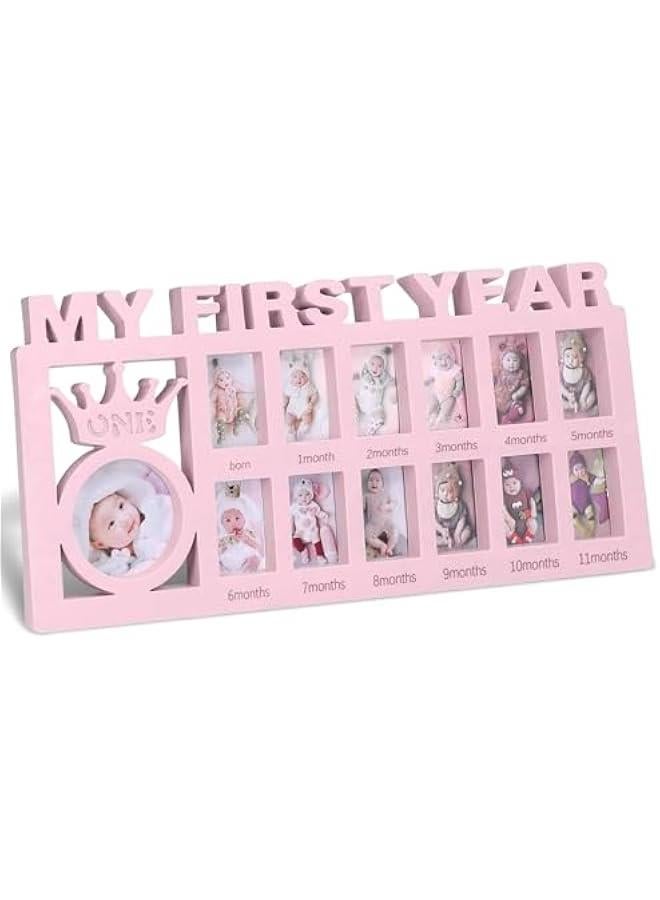 My First Year Picture Frame - Baby First Year Photo Frame for Baby 12 Month Picture Frame and Growth Record, Pink - Image 1