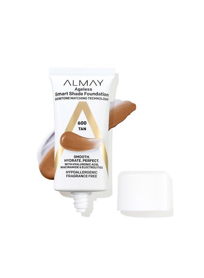 Almay Anti-Aging Foundation, Smart Shade Face Makeup with Hyaluronic Acid, Niacinamide, Vitamin C & E, Hypoallergenic-Fragrance Free, 600 Tan, 1 Fl Oz (Pack of 1) - Image 1