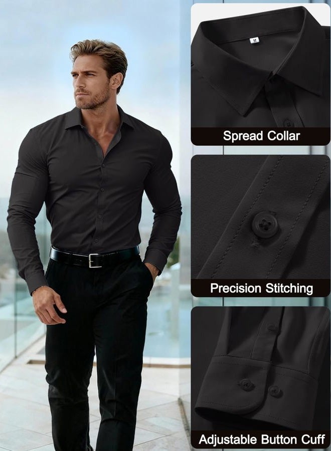 PLEPAN Men's Slim Fit Stretch Dress Shirt Stain Proof Wrinkle-Free Muscle Fit Long Sleeve Button Down Formal Shirt, Black, L - Image 5