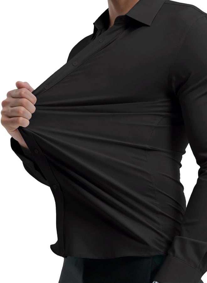 PLEPAN Men's Slim Fit Stretch Dress Shirt Stain Proof Wrinkle-Free Muscle Fit Long Sleeve Button Down Formal Shirt, Black, L - Image 4