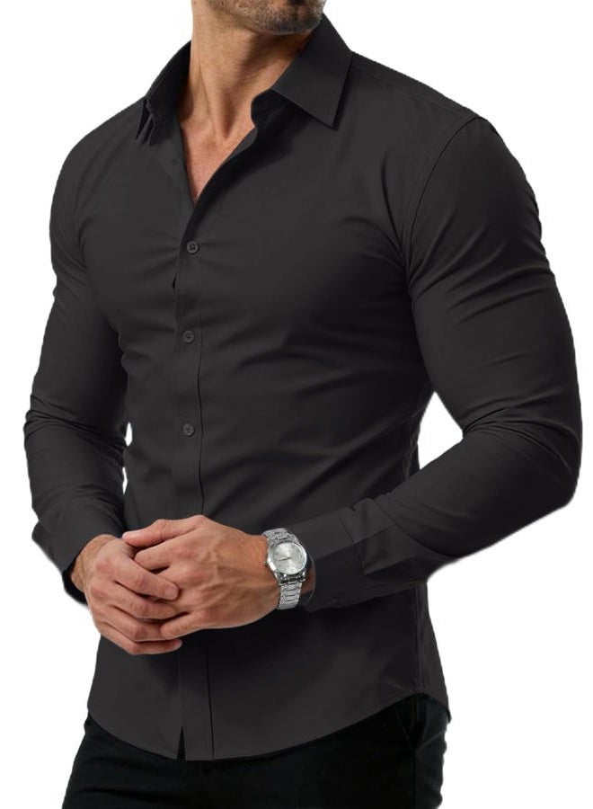 PLEPAN Men's Slim Fit Stretch Dress Shirt Stain Proof Wrinkle-Free Muscle Fit Long Sleeve Button Down Formal Shirt, Black, L - Image 1