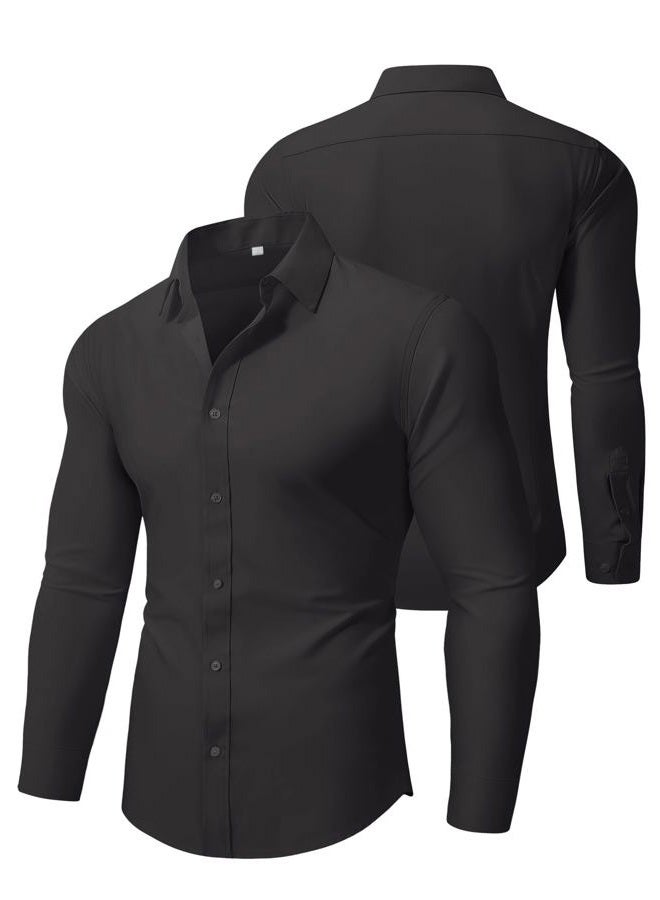 PLEPAN Men's Slim Fit Stretch Dress Shirt Stain Proof Wrinkle-Free Muscle Fit Long Sleeve Button Down Formal Shirt, Black, L - Image 3