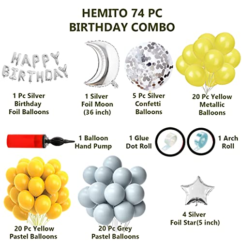 Hemito 74-Piece Birthday Decoration Kit - Yellow, Grey, Silver Balloons, Foil Moon Stars, Arch, Glue Dots, Hand Pump - Image 2
