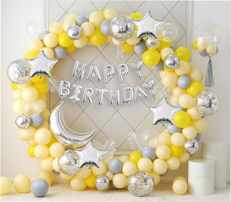 Hemito 74-Piece Birthday Decoration Kit - Yellow, Grey, Silver Balloons, Foil Moon Stars, Arch, Glue Dots, Hand Pump - Image 1