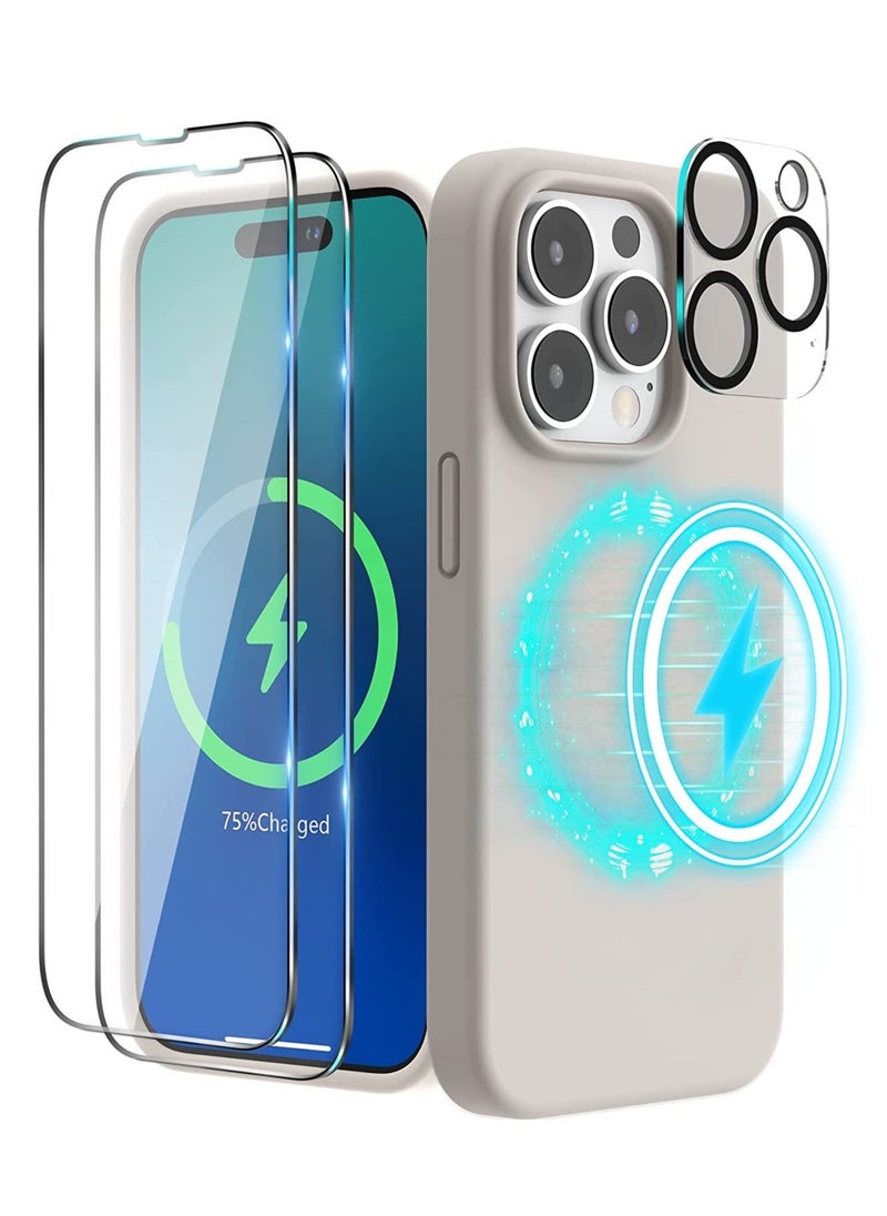 Raxoom (4 in 1 iPhone 14 Pro MAX Case (6.7 inch 2022), Compatible with MagSafe, with 2 Screen Protector + 1 Camera Protector, Silicone Case for iPhone 14 Pro MAX (Stone) - Image 1