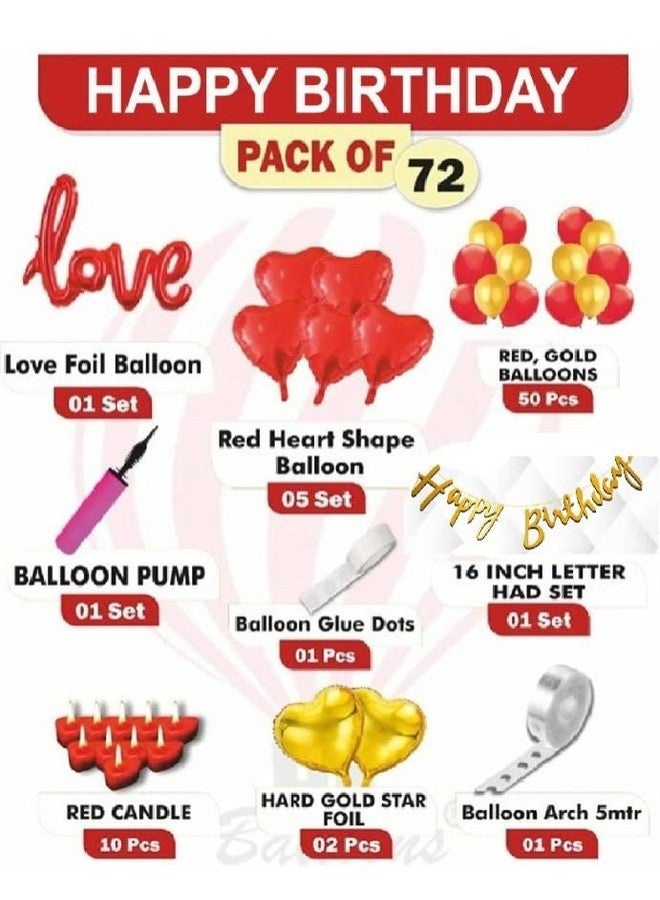 HK balloons Pack Of 72 Pcs Birthday Decoration Kit With Golden Banner Love Foil Balloon Heart Shaped Foil Balloons Red Gold Balloons & Heart Shaped Candles For Birthday Decoration Husband And Wife - Image 2