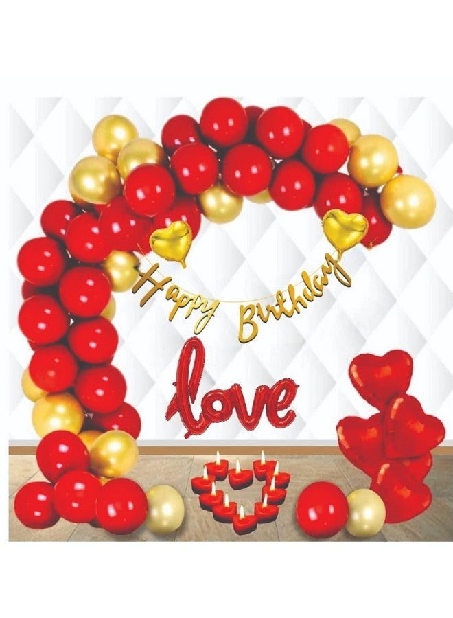 HK balloons Pack Of 72 Pcs Birthday Decoration Kit With Golden Banner Love Foil Balloon Heart Shaped Foil Balloons Red Gold Balloons & Heart Shaped Candles For Birthday Decoration Husband And Wife - Image 1