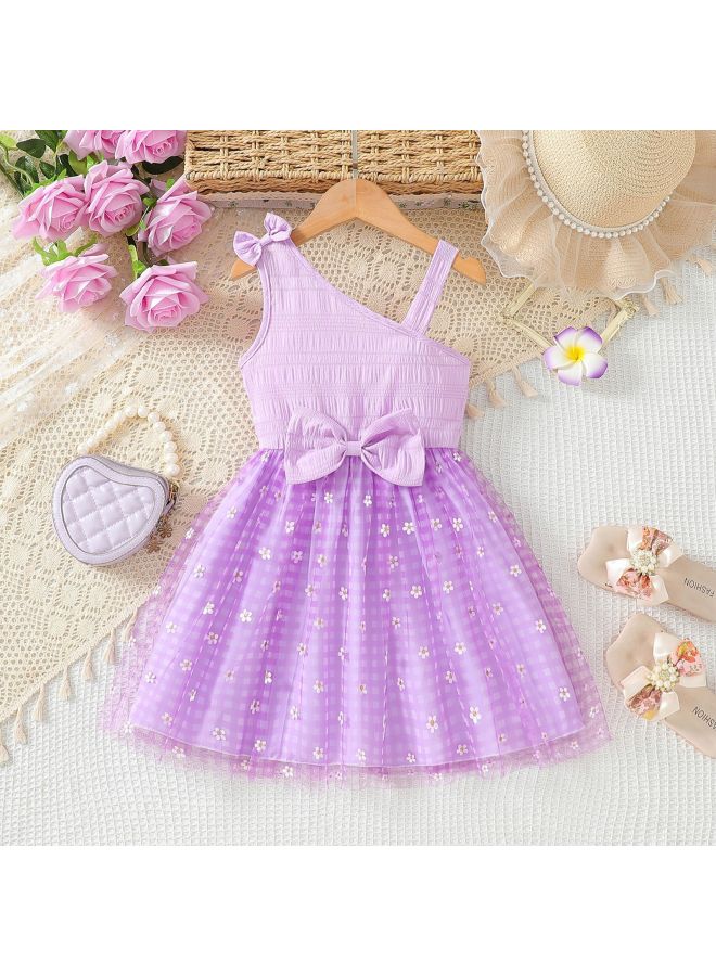 New Style Girls' Dress With Floral Print, Mesh Princess Dress, Summer Children's One-shoulder Strap Dress, Trendy